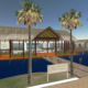 House on the water with the hay roof and palm trees in front, representing the virtual Embassy of the republic of Maldives in Second life virtual world