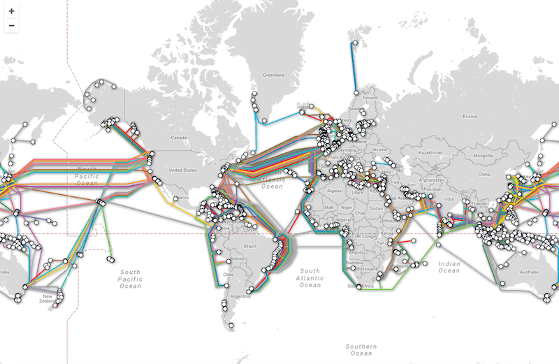 Follow the Internet traffic via seabed Internet cables.