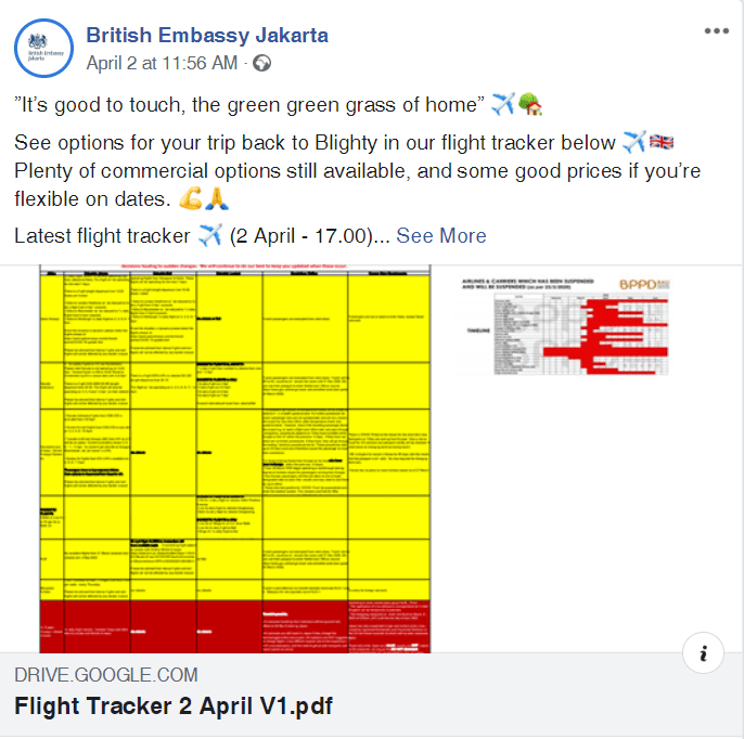 British Embassy Jakarta Facebook post on flight tracker