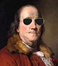 a man wearing sunglasses sitting on a couch, benjamin franklin, Benjamin Franklin