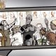 A robot hand holding a phone with a selfie image of historical characters