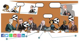 A group of people sitting and talking to each other. People are holding telephones and laptops, that show the share icon, as a symbol for the internet and social media. Logos of Facebook, Twitter, Whatsapp, YouTube, Instgram and LinkedIn are shown at the bottom of the illustration. Empty speech bubbles are drawn above people's heads.