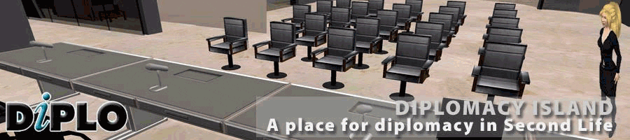Banners of Diplomacy Island in Metaverse (Second Life)