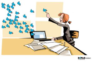 A woman sitting in the office, with a laptop and a pile of papers in front of her, raising hand to reach a Twitter bird. A flock of Twitter birds flying away from her computer screen.