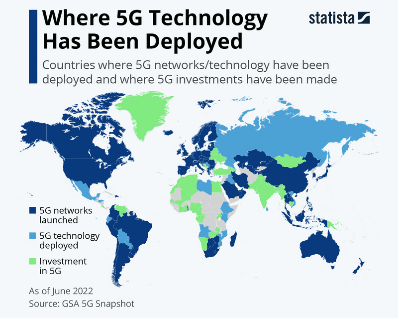This chart shows the countries where 5G networks were launched, where 5G technology has been deployed in mobile networks and where investments in 5G technology have been made (as of June 2022).