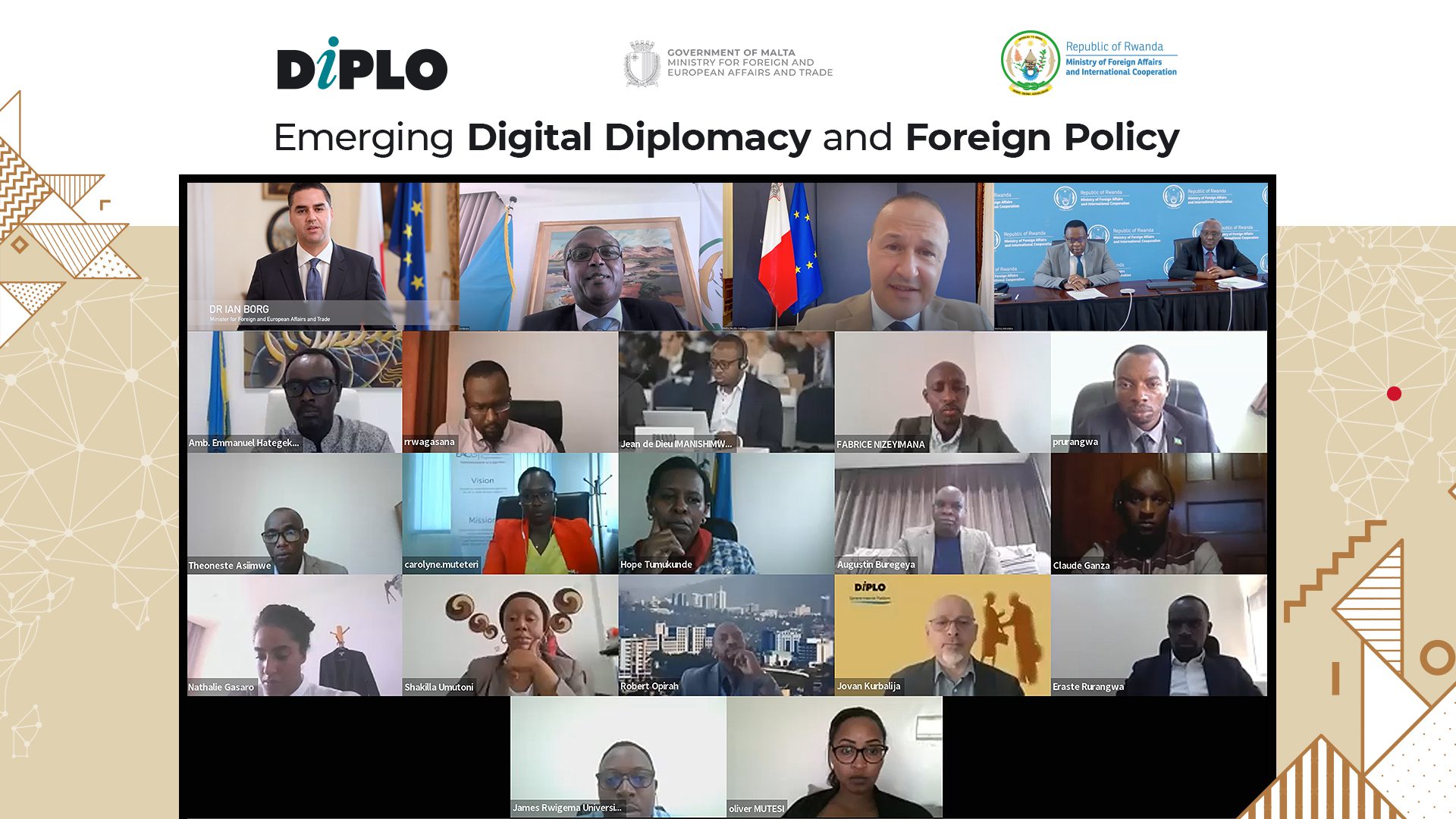 Image of participants and high level speakers during an online session. Image includes logos of the collaborating institutions: Diplo, Malta Ministry for Foreign and European Affairs and Trade, and Rwanda Ministry of Foreign Affairs and International Cooperation.